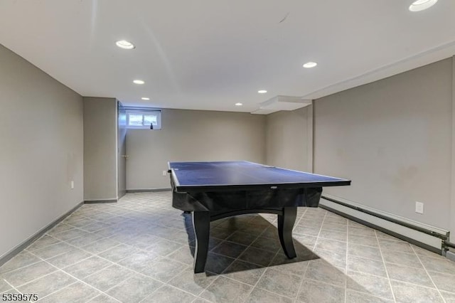 300 Jefferson Ave, Rahway City, NJ 07065 - recreation room with recessed lighting, baseboard heating, billiards table, baseboards, and light tile patterned floors