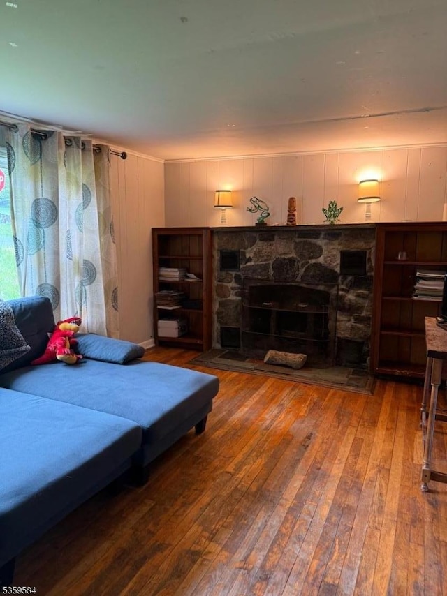 1 David Post Rd, Clinton Twp, NJ 08801 - living room featuring hardwood / wood-style floors and a stone fireplace