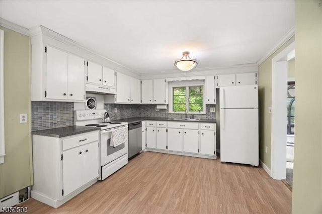 59 Old Croton Rd, Raritan Twp, NJ 08822 - kitchen with white appliances, dark countertops, a sink, white cabinetry, and crown molding