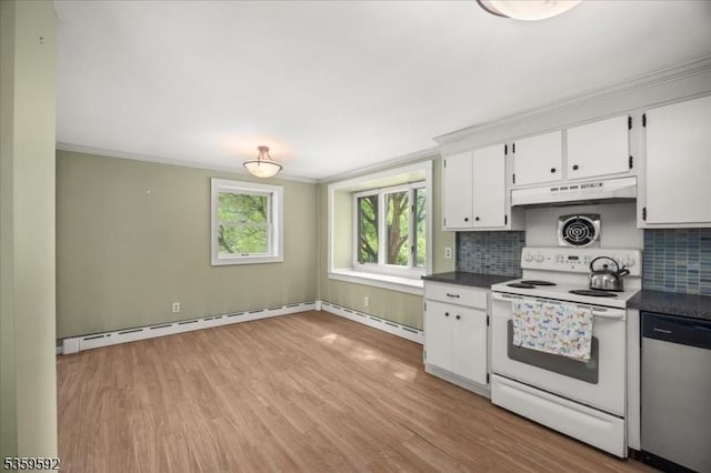 59 Old Croton Rd, Raritan Twp, NJ 08822 - kitchen featuring white range with electric cooktop, stainless steel dishwasher, under cabinet range hood, dark countertops, and ornamental molding