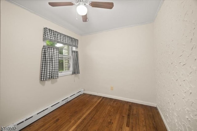 59 Old Croton Rd, Raritan Twp, NJ 08822 - empty room with a baseboard radiator, crown molding, dark wood-style flooring, baseboards, and ceiling fan