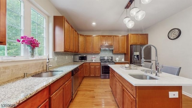 612 Magnolia Rd, North Brunswick Twp, NJ 08902 - kitchen with stainless steel appliances, under cabinet range hood, a sink, and light wood-type flooring