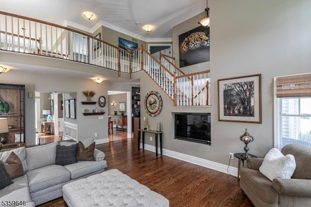 25 Wessex Ln, Montgomery Twp, NJ 08558 - living room with stairway, wood finished floors, baseboards, ornamental molding, and a high ceiling