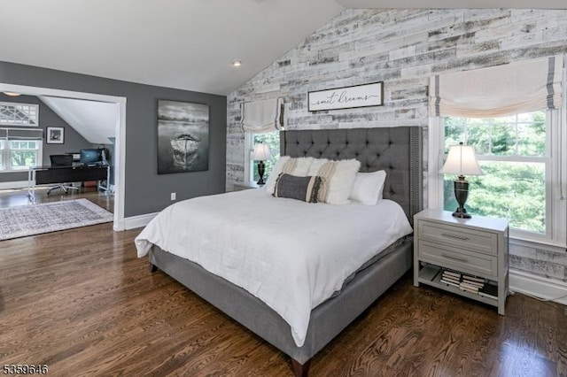 25 Wessex Ln, Montgomery Twp, NJ 08558 - bedroom featuring an accent wall, vaulted ceiling, dark wood-style floors, an office area, and baseboards