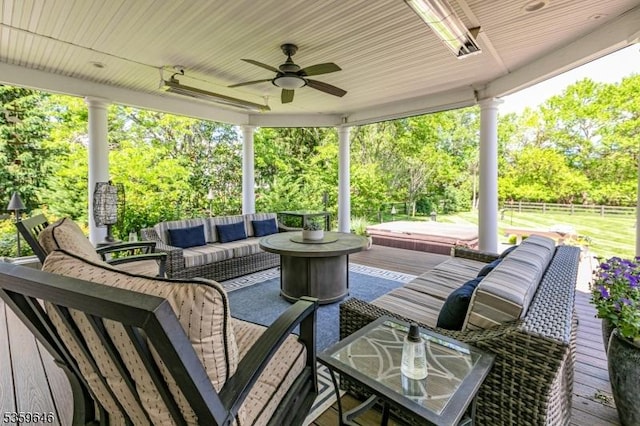 25 Wessex Ln, Montgomery Twp, NJ 08558 - view of patio featuring an outdoor hangout area, ceiling fan, and view of scattered trees