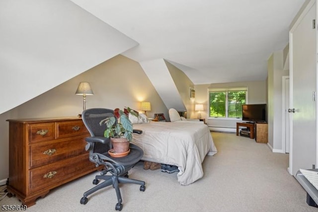1794 Long Hill Rd, Long Hill Twp, NJ 07946 - bedroom featuring light colored carpet, vaulted ceiling, a baseboard radiator, and baseboards