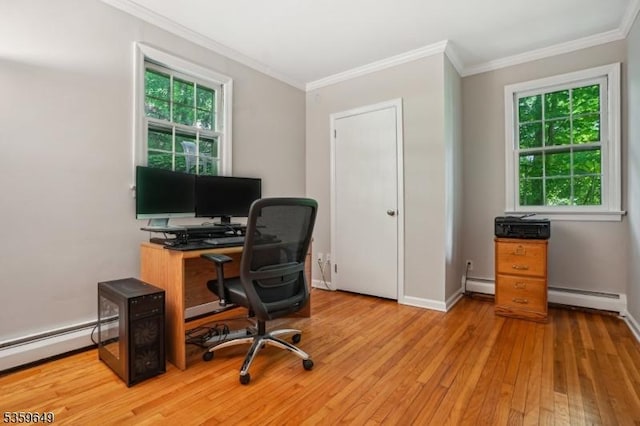 1794 Long Hill Rd, Long Hill Twp, NJ 07946 - office with crown molding, wood-type flooring, a baseboard radiator, baseboard heating, and baseboards
