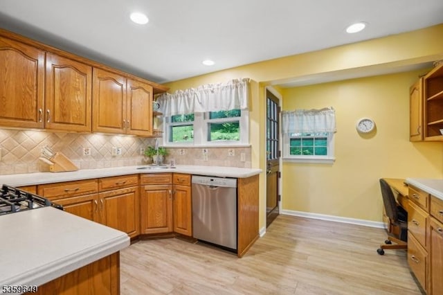 1794 Long Hill Rd, Long Hill Twp, NJ 07946 - kitchen with stainless steel dishwasher, open shelves, baseboards, light wood-style floors, and recessed lighting
