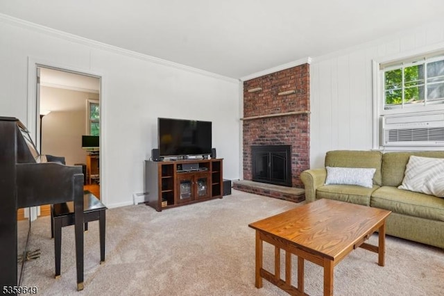 1794 Long Hill Rd, Long Hill Twp, NJ 07946 - living area featuring crown molding, cooling unit, a fireplace, and light carpet