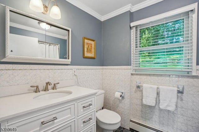 1794 Long Hill Rd, Long Hill Twp, NJ 07946 - full bath with a baseboard heating unit, vanity, ornamental molding, toilet, and tile walls