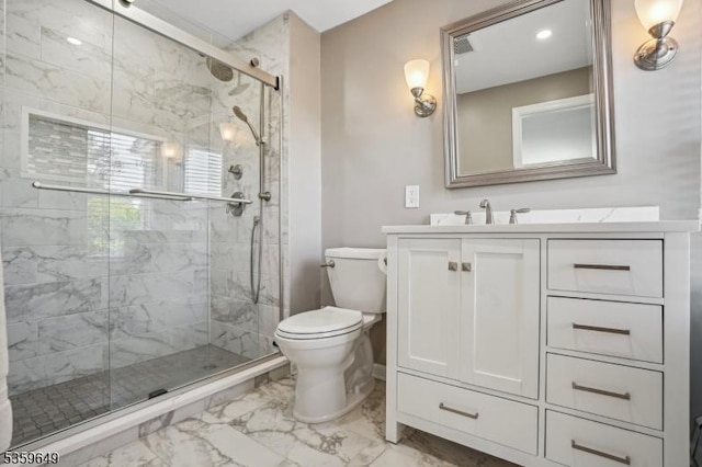 1794 Long Hill Rd, Long Hill Twp, NJ 07946 - bathroom with marble finish flooring, toilet, vanity, and a stall shower