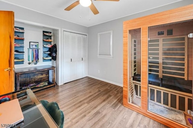 46 Sunrise Ter, Cedar Grove Twp, NJ 07009 - office space with a ceiling fan, wood finished floors, baseboards, and a sauna