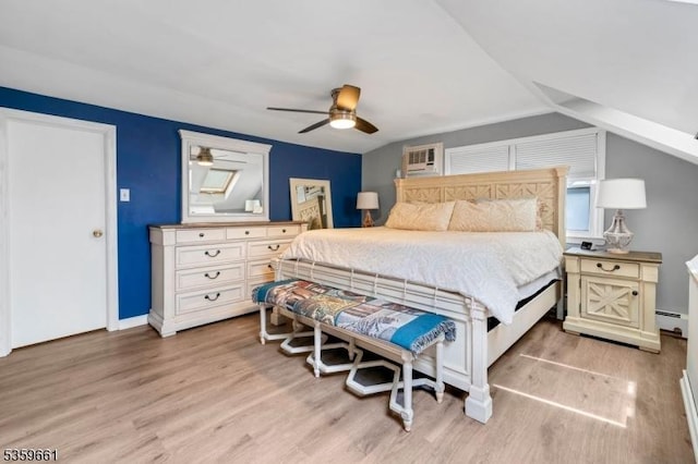 46 Sunrise Ter, Cedar Grove Twp, NJ 07009 - bedroom featuring a baseboard heating unit, light wood-style flooring, a ceiling fan, and baseboards
