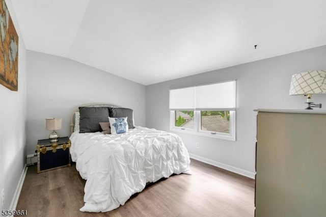 46 Sunrise Ter, Cedar Grove Twp, NJ 07009 - bedroom featuring wood finished floors, vaulted ceiling, baseboards, and a baseboard heating unit