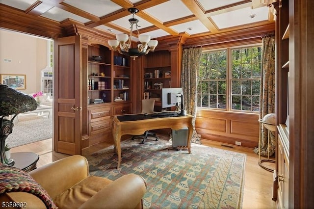 23 Stoningham Dr, Warren Twp, NJ 07059 - office space featuring a chandelier, coffered ceiling, light wood-style floors, beam ceiling, and crown molding