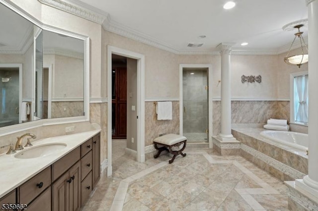 23 Stoningham Dr, Warren Twp, NJ 07059 - full bathroom with vanity, decorative columns, a garden tub, crown molding, and a shower stall