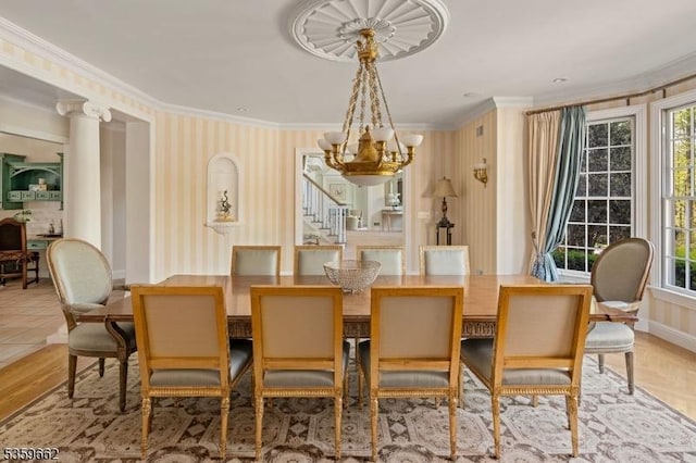 23 Stoningham Dr, Warren Twp, NJ 07059 - dining room with ornamental molding, a chandelier, wallpapered walls, plenty of natural light, and stairway