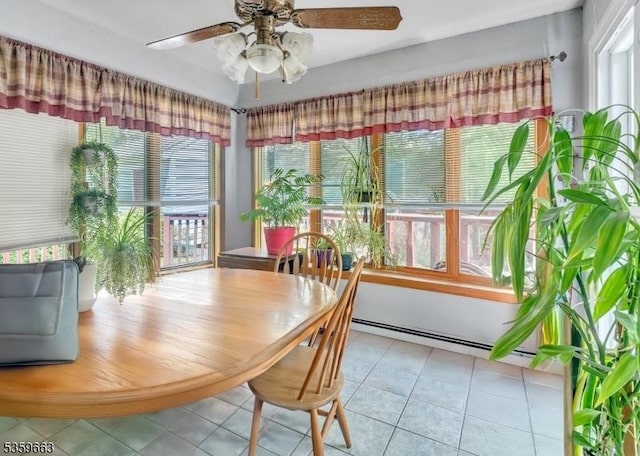 580 Eric Ln, Mount Arlington Boro, NJ 07850 - tiled dining room with healthy amount of natural light, a ceiling fan, and a baseboard radiator