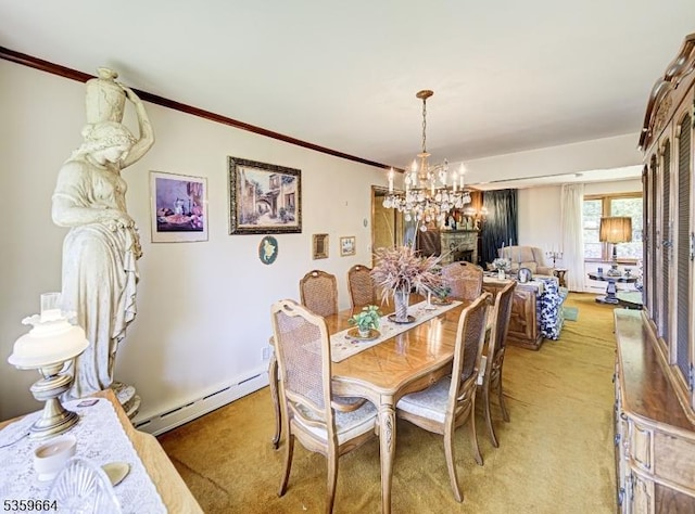 63 Edgemont Rd, Watchung Boro, NJ 07069 - dining room with a baseboard radiator, a chandelier, light carpet, and ornamental molding