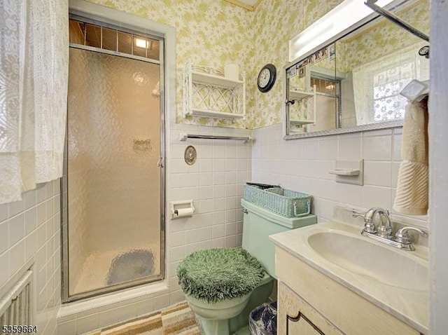 63 Edgemont Rd, Watchung Boro, NJ 07069 - full bath with wallpapered walls, tile walls, vanity, a stall shower, and toilet