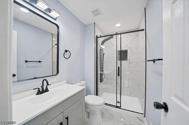 173 Gregory Ln, Franklin Twp, NJ 08823 - bathroom with marble look tiles, vanity, toilet, a stall shower, and recessed lighting