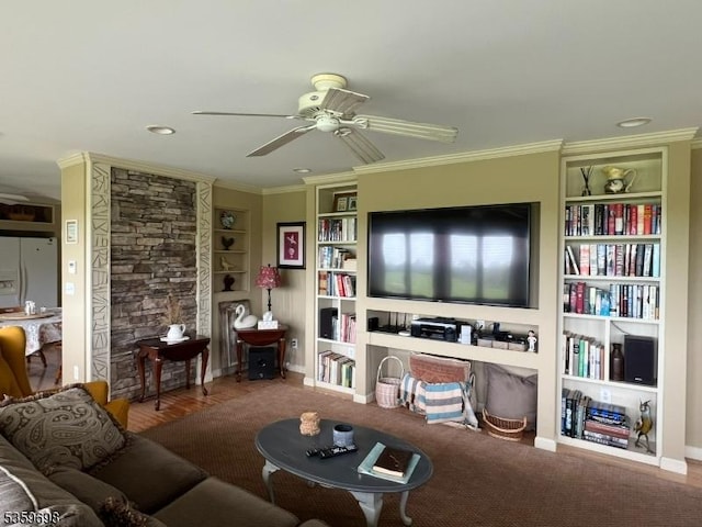 134 Lott Rd, Wantage Twp, NJ 07461 - living room featuring built in shelves, a ceiling fan, and crown molding