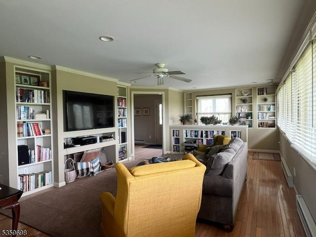 134 Lott Rd, Wantage Twp, NJ 07461 - living room with a baseboard radiator, built in features, a ceiling fan, hardwood / wood-style flooring, and ornamental molding