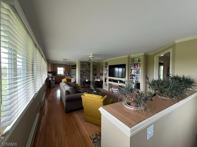 134 Lott Rd, Wantage Twp, NJ 07461 - living area featuring a fireplace, ceiling fan, dark wood-style flooring, and ornamental molding