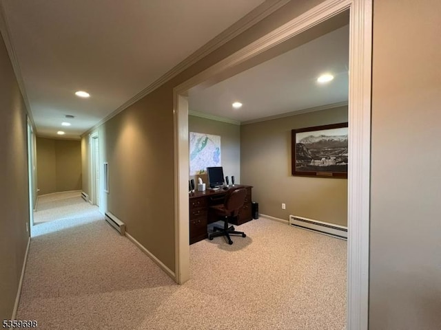 134 Lott Rd, Wantage Twp, NJ 07461 - office space featuring a baseboard heating unit, recessed lighting, carpet flooring, crown molding, and baseboards