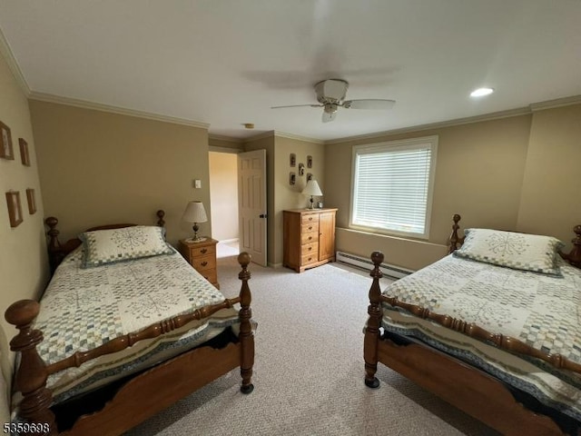 134 Lott Rd, Wantage Twp, NJ 07461 - bedroom with baseboard heating, carpet flooring, crown molding, ceiling fan, and baseboards