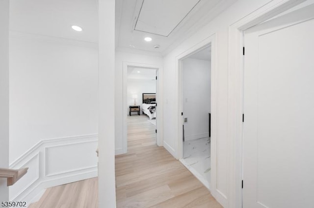 107 Myrtle St, Cranford Twp, NJ 07016 - corridor featuring attic access, light wood-style floors, recessed lighting, and wainscoting