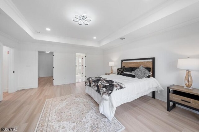107 Myrtle St, Cranford Twp, NJ 07016 - bedroom featuring light wood-style floors, a tray ceiling, crown molding, baseboards, and recessed lighting