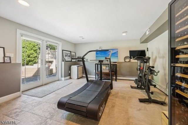 1 Spring Garden Dr, Madison Boro, NJ 07940 - workout room featuring baseboards, french doors, and a baseboard heating unit