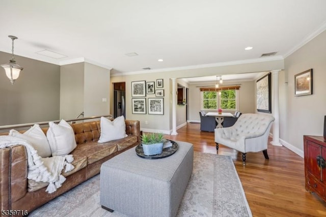 1 Spring Garden Dr, Madison Boro, NJ 07940 - living room featuring ornamental molding, wood finished floors, baseboards, and recessed lighting