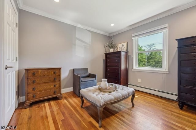 1 Spring Garden Dr, Madison Boro, NJ 07940 - living area with a baseboard heating unit, crown molding, wood finished floors, recessed lighting, and baseboards