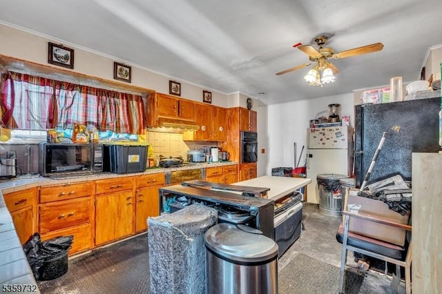 925 Stelle Ave, Plainfield City, NJ 07063 - kitchen featuring ceiling fan, black appliances, brown cabinetry, crown molding, and decorative backsplash