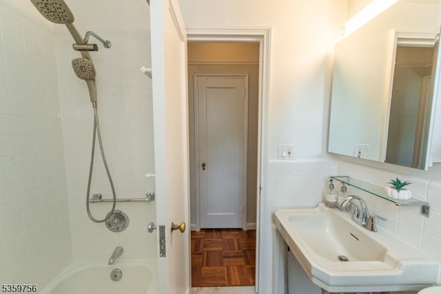10 Crestmont Rd Unit 3F, Montclair Twp, NJ 07042 - bathroom with washtub / shower combination, vanity, and backsplash