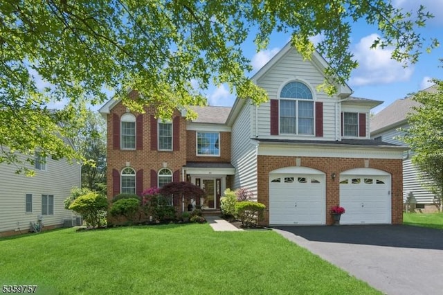 34 Watchung Dr, Bernards Twp, NJ 07920 - view of front of property with driveway, brick siding, a front yard, a garage, and central AC unit