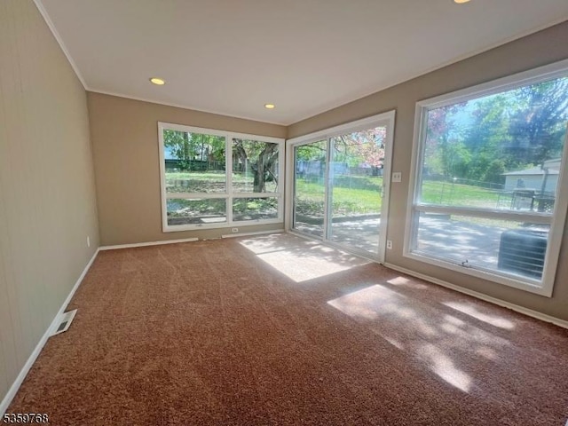45 Park Ave, Newton Town, NJ 07860 - unfurnished sunroom featuring healthy amount of natural light, carpet flooring, baseboards, crown molding, and recessed lighting