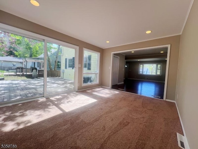 45 Park Ave, Newton Town, NJ 07860 - unfurnished living room featuring carpet floors, baseboards, recessed lighting, and ornamental molding