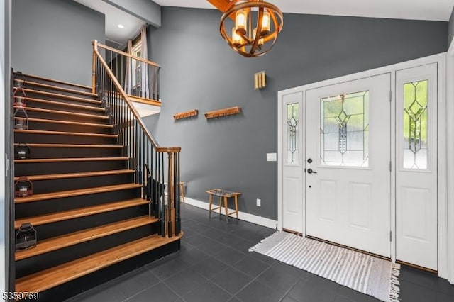 1404 State Route 57, Mansfield Twp, NJ 07865 - entrance foyer with high vaulted ceiling, stairs, dark tile patterned flooring, a chandelier, and baseboards