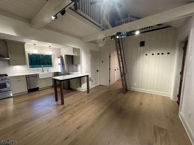 24 Lakeview Point Ave, Frankford Twp, NJ 07826 - kitchen with stainless steel appliances, wood finished floors, a sink, baseboards, and light countertops