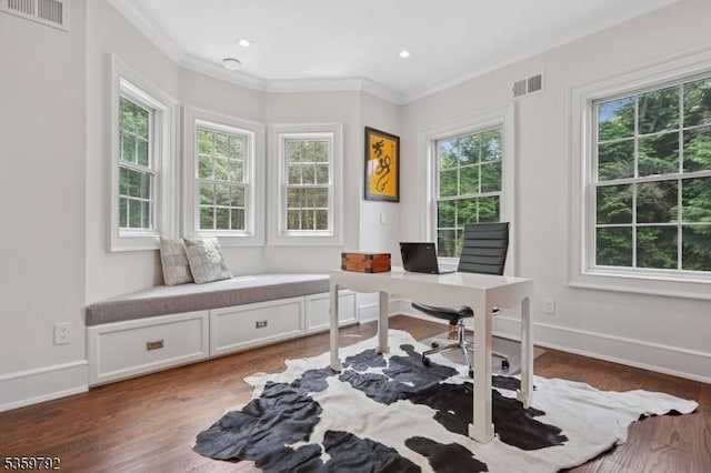 290 Long Hill Dr, Millburn Twp, NJ 07078 - office area with crown molding, wood finished floors, baseboards, and recessed lighting