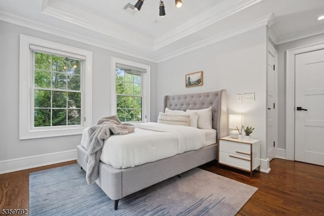 290 Long Hill Dr, Millburn Twp, NJ 07078 - bedroom featuring crown molding, dark wood-type flooring, baseboards, and a raised ceiling