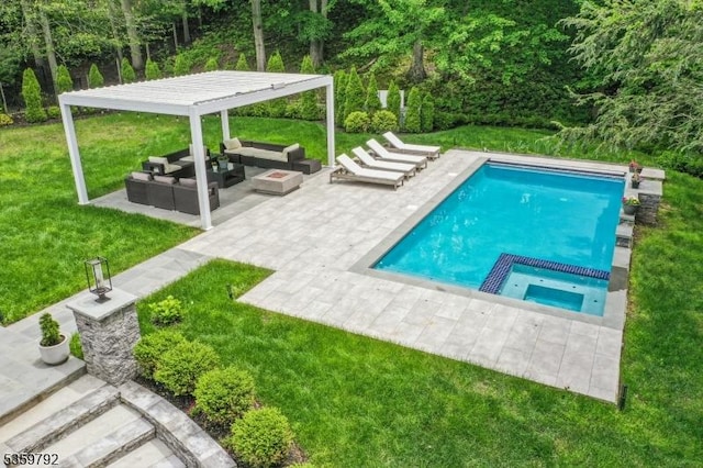 290 Long Hill Dr, Millburn Twp, NJ 07078 - view of swimming pool with an outdoor living space with a fire pit, a yard, a patio, and a pool with connected hot tub