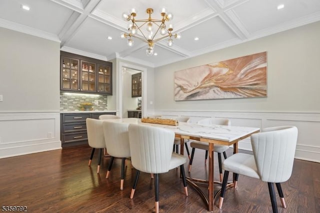 290 Long Hill Dr, Millburn Twp, NJ 07078 - dining area featuring coffered ceiling, dark wood finished floors, a chandelier, beam ceiling, and wainscoting