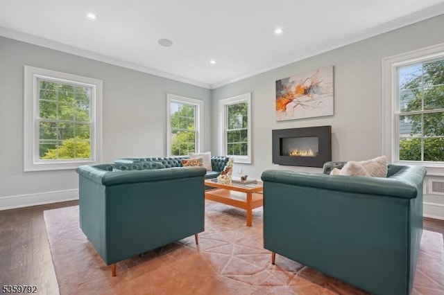 290 Long Hill Dr, Millburn Twp, NJ 07078 - living area featuring crown molding, a glass covered fireplace, recessed lighting, baseboards, and wood finished floors