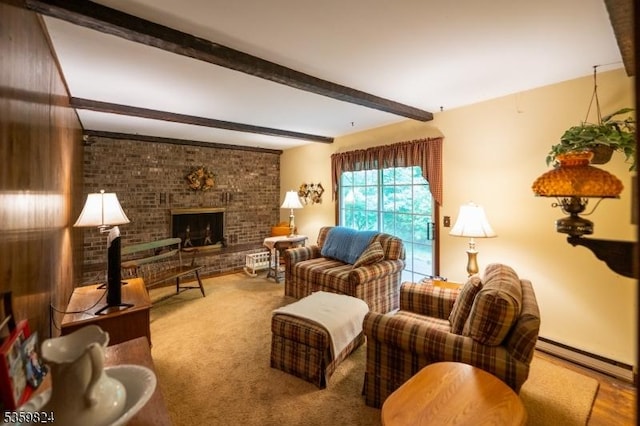 38 Summerfield Rd, White Twp, NJ 07823 - carpeted living area with a baseboard radiator, beam ceiling, and a brick fireplace