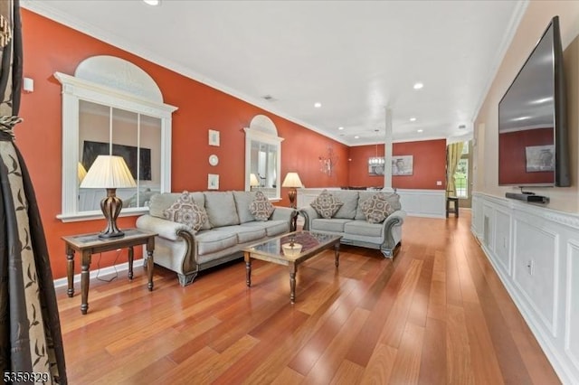 2420 Canterbury Ln, North Brunswick Twp, NJ 08902 - living room with light wood-style floors, wainscoting, crown molding, and recessed lighting