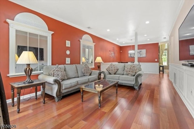 2420 Canterbury Ln, North Brunswick Twp, NJ 08902 - living area featuring hardwood / wood-style floors, a wainscoted wall, crown molding, and recessed lighting